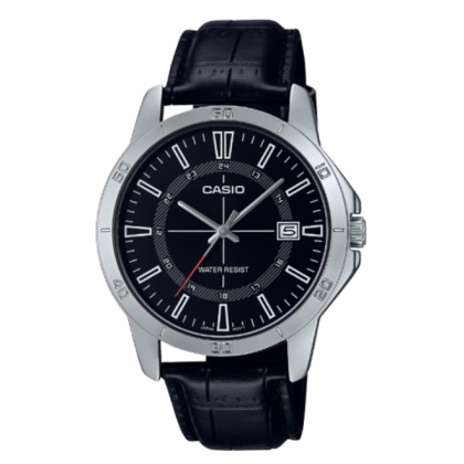 Casio General MTP-V004L-1CU Black Leather Strap with Black Dial Analog Men Watch